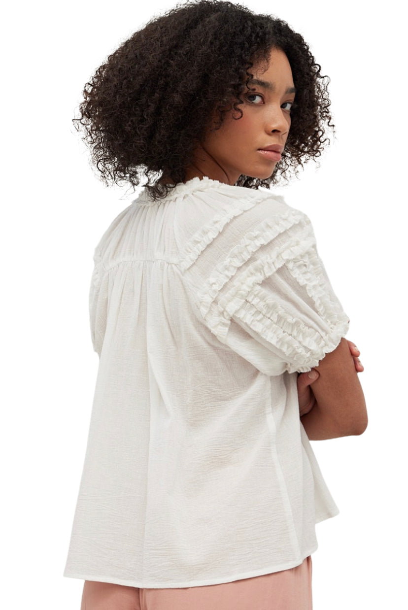 Apparel- Grade and Gather Mini Ruffle Bubble Sleeve Blouse Off White