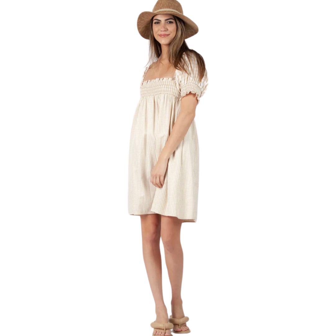 Apparel- Lucca Gracie Dress in Beige Gingham