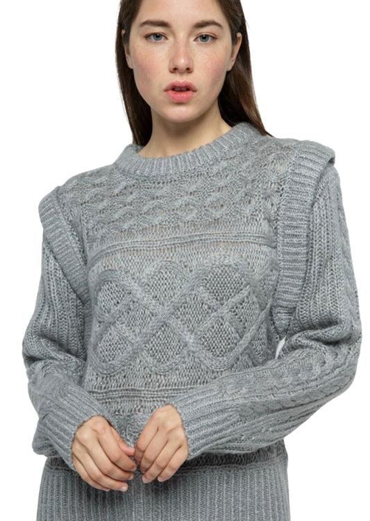 Apparel- En Merci Cable Knit Extended Shoulder Sweater Gray