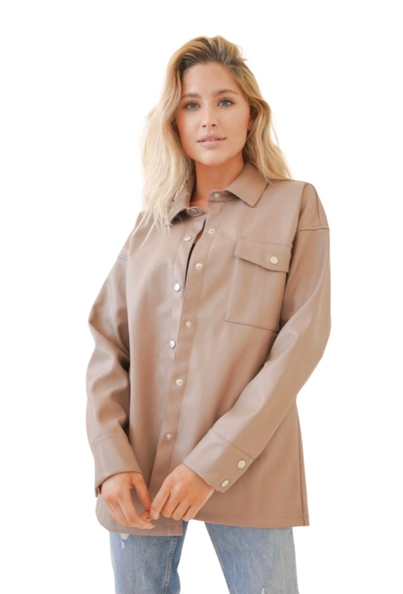 Apparel- Hem and Thread Leather Button Down Oversized Shirt Jacket- Taupe