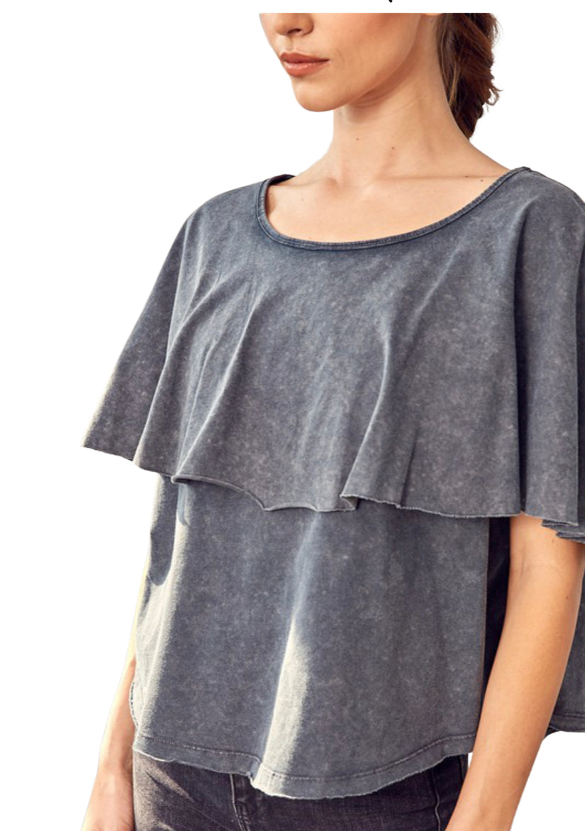 Apparel- Mustard Seed Oversized Ruffle Top Charcoal