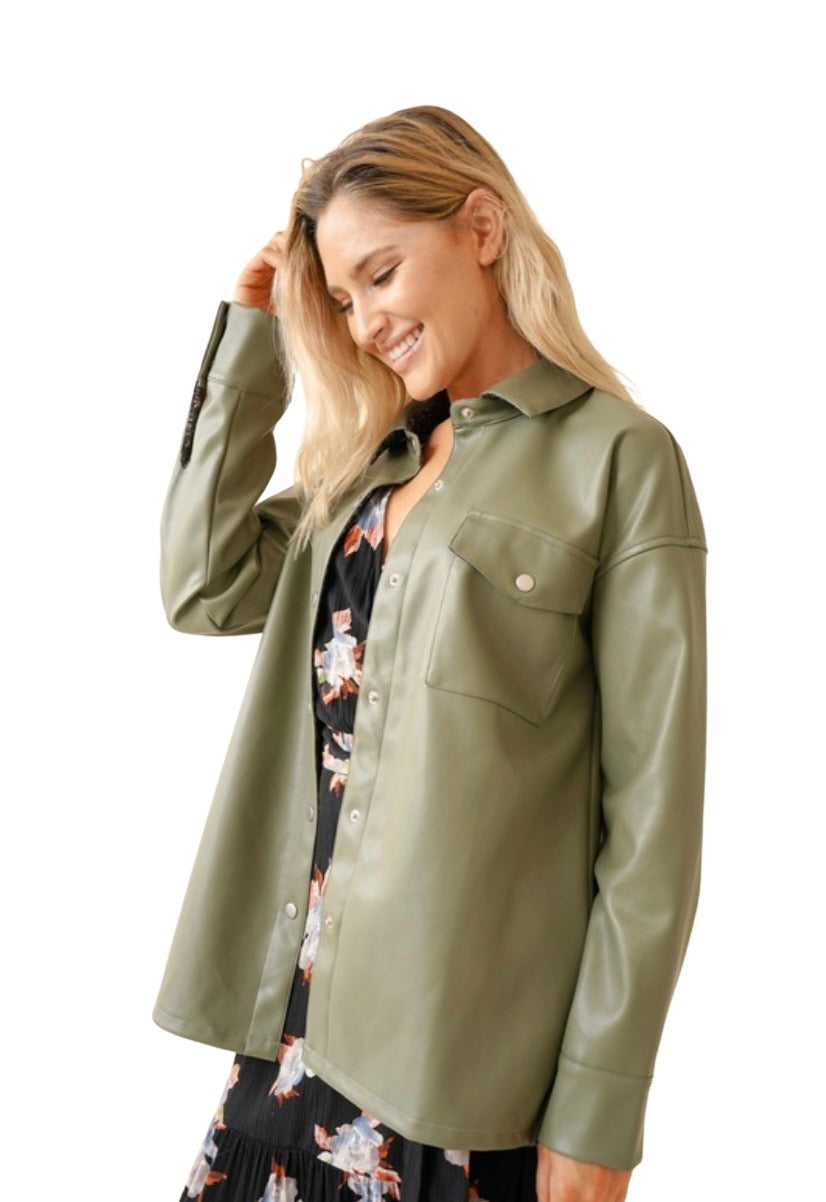 Apparel- Hem and Thread Leather Button Down Oversized Shirt Jacket- Sage