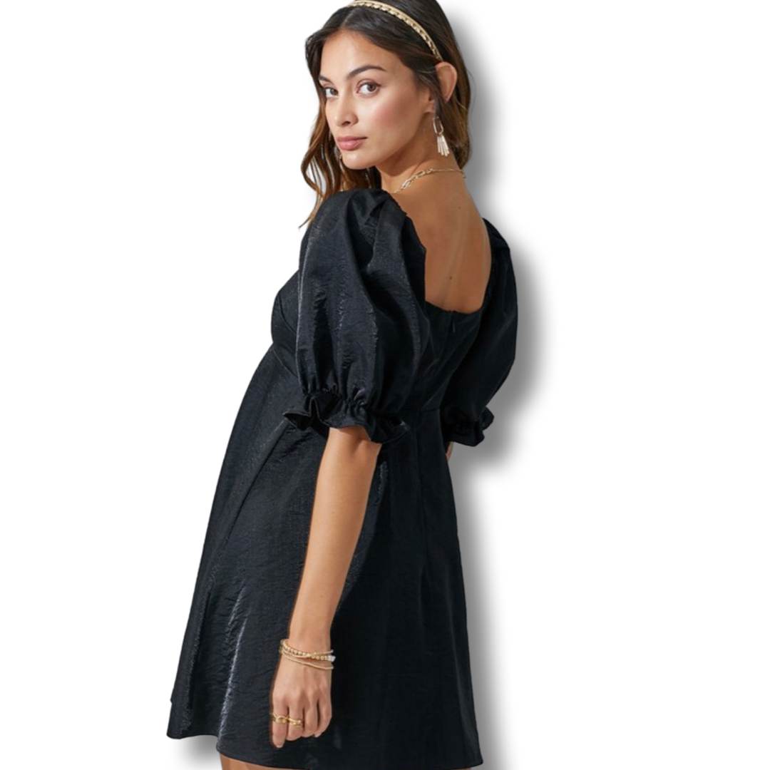 Apparel- Day+Moon Puff Sleeve Sheen Flared Dress