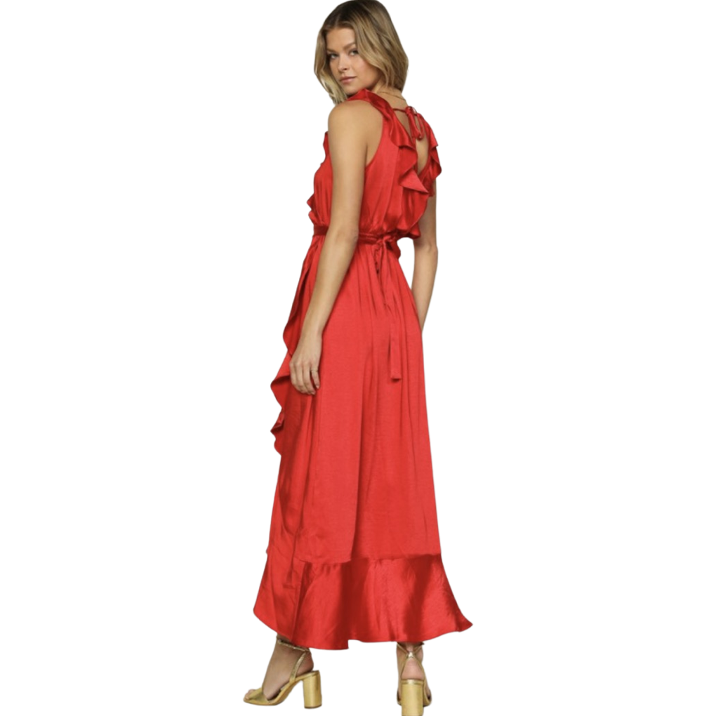 Apparel- Skies Are Blue Satin Ruffle Maxi Dress Red