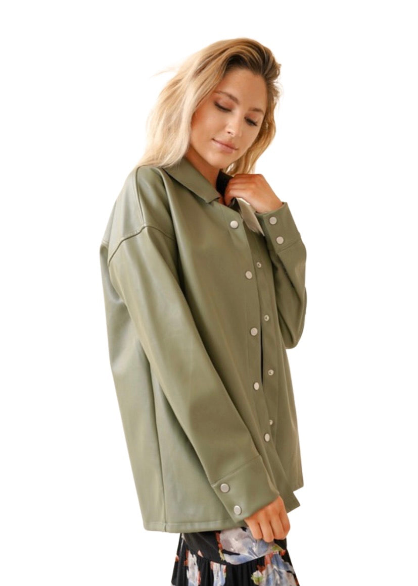 Apparel- Hem and Thread Leather Button Down Oversized Shirt Jacket- Sage