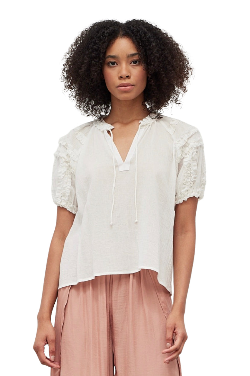 Apparel- Grade and Gather Mini Ruffle Bubble Sleeve Blouse Off White