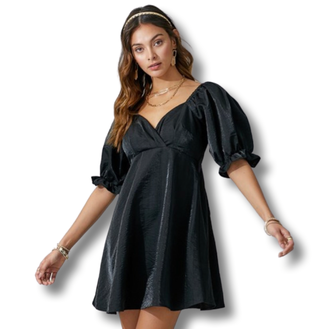 Apparel- Day+Moon Puff Sleeve Sheen Flared Dress