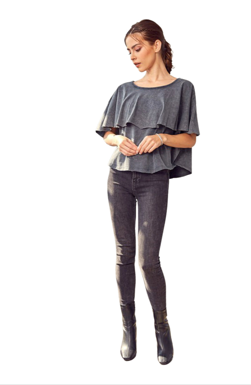 Apparel- Mustard Seed Oversized Ruffle Top Charcoal