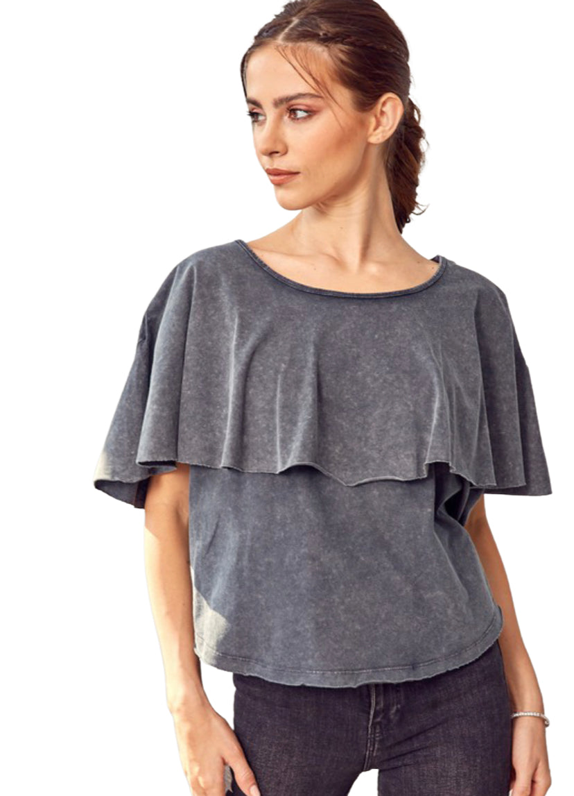 Apparel- Mustard Seed Oversized Ruffle Top Charcoal