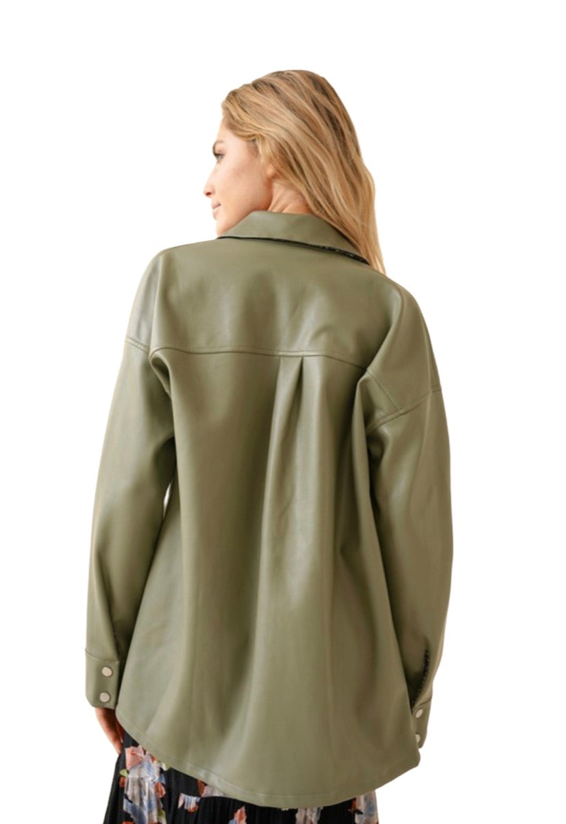 Apparel- Hem and Thread Leather Button Down Oversized Shirt Jacket- Sage